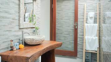Separate tub and shower, hair dryer, towels, soap