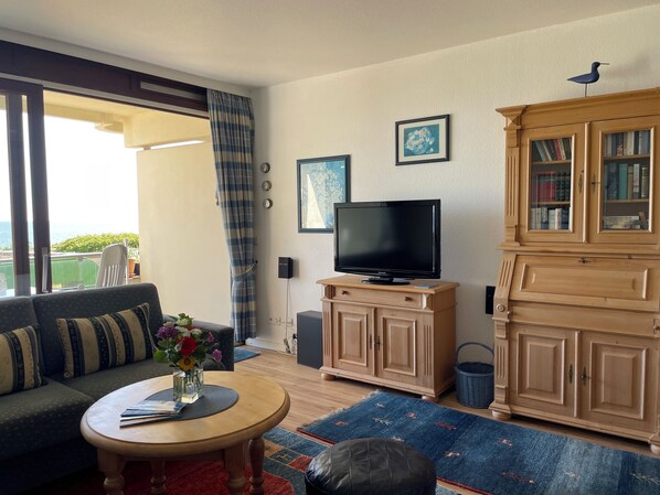 TV, DVD player, books, stereo