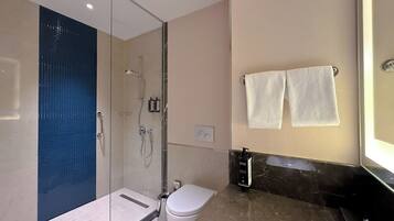 A modern bathroom with a glass-enclosed shower, a toilet, and a sink.