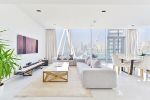 Panoramic Apartment, 3 Bedrooms, Balcony, Sea View | Living area | 75-inch LED TV with satellite channels, TV, Netflix - Spectacular 3BR plus 1 - DUBAI EYE view (Dubai)