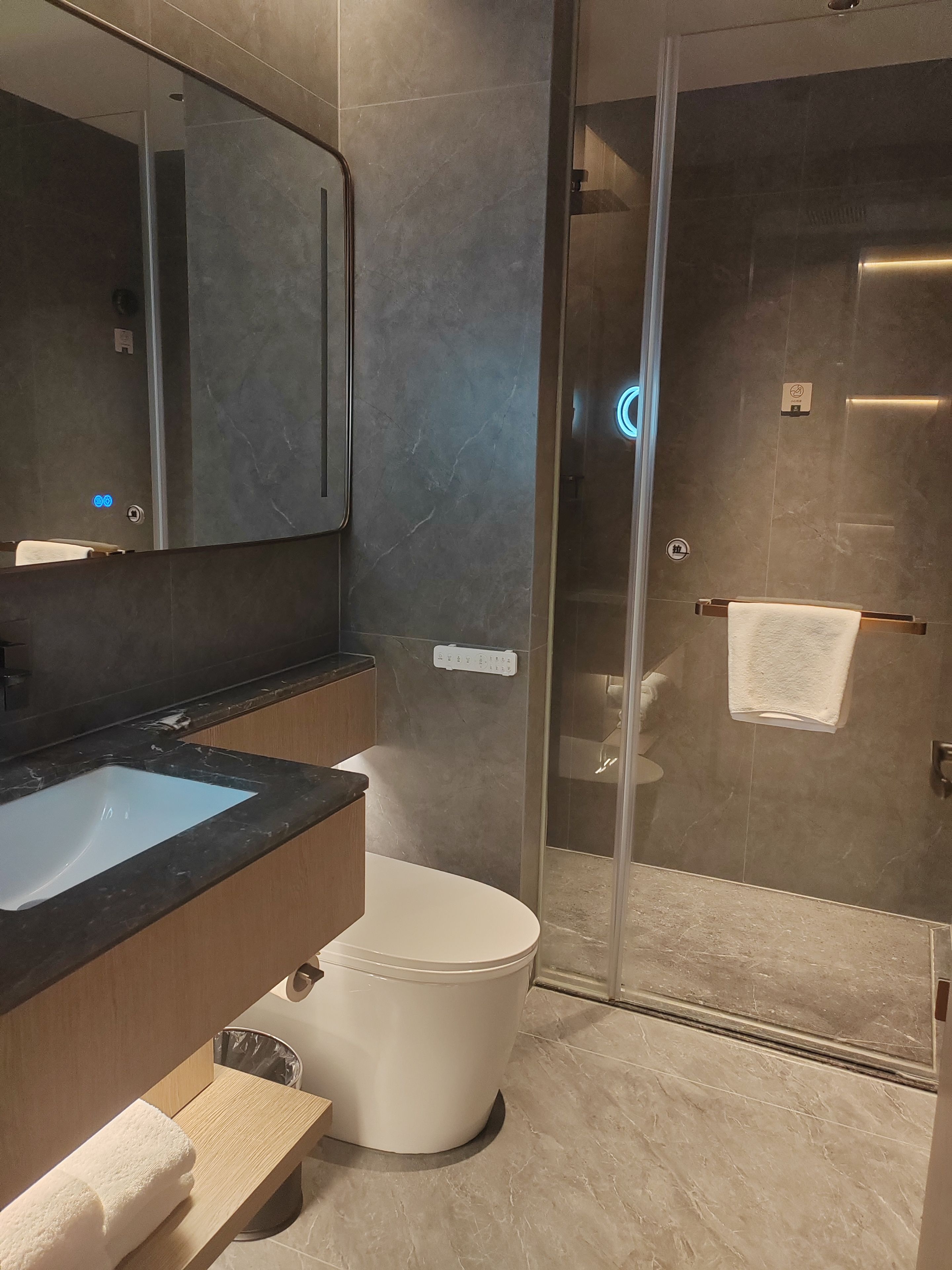 A modern bathroom with a glass-enclosed shower, a white toilet, and a marble-tiled floor.