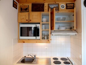 Une cuisine compacte équipée d’un four à micro-ondes encastré, d’un évier et d’une cuisinière.