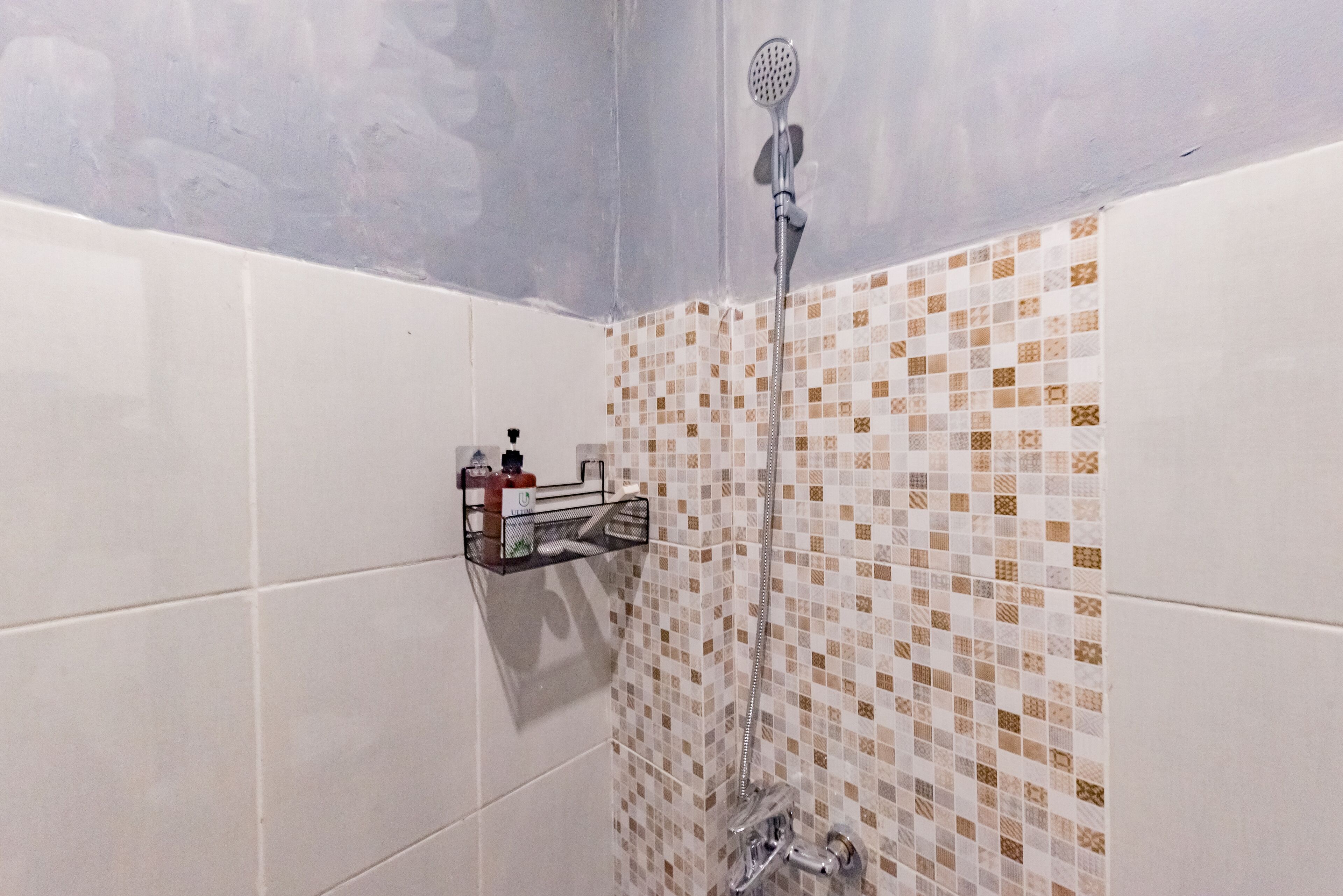 Een douche met een handdouche en een kraan aan de muur. Er is een plank met toiletartikelen.