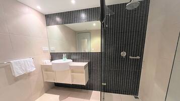 Hair dryer, towels, soap, shampoo