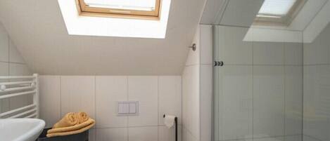 A small bathroom with a skylight, a toilet, a shower, and a towel rack.