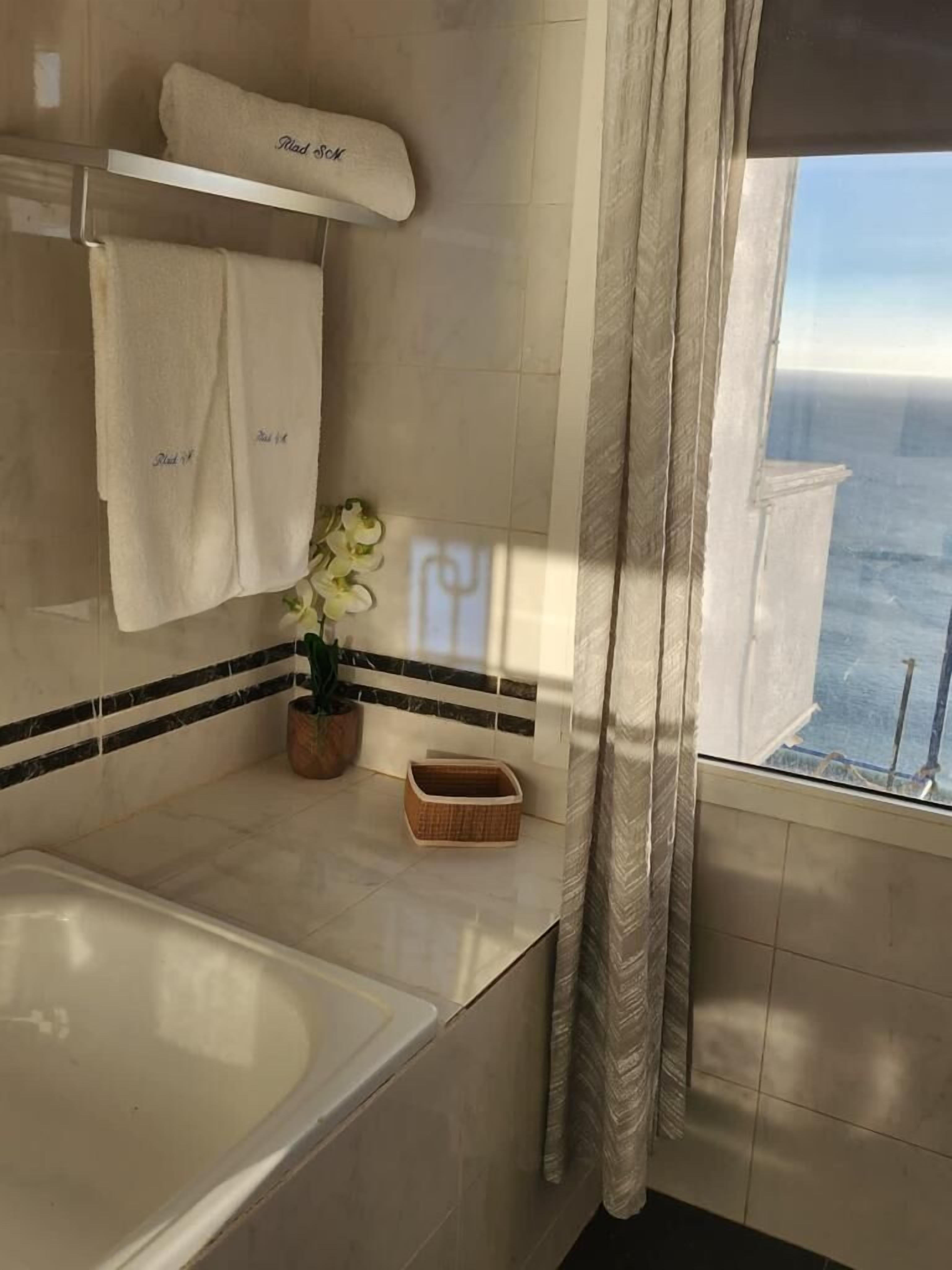 A bathroom with a bathtub, a towel rack with two towels, a potted plant, and a window with curtains.