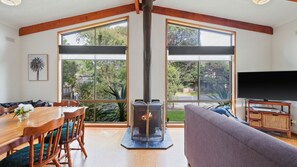 Fernseher, Kamin, DVD-Player, Videothek