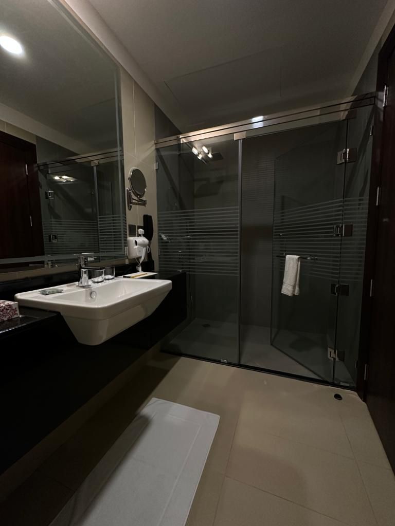 Une salle de bain moderne avec une douche à parois de verre, un lavabo blanc et un grand miroir.