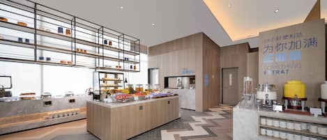 A modern hotel lobby with a central reception desk, a coffee station, and a buffet area.