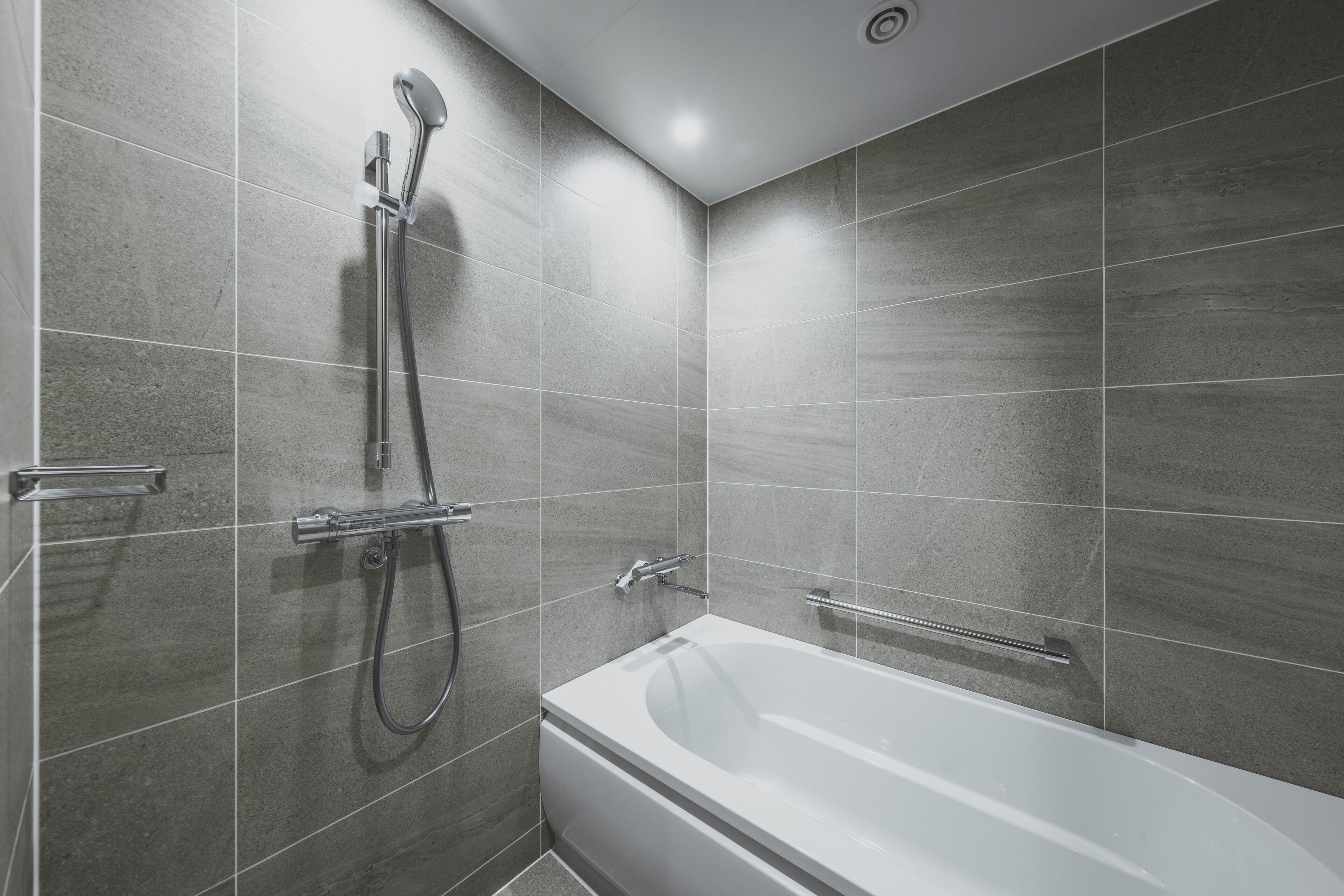 A modern bathroom with a bathtub, a shower with a handheld showerhead, and a wall-mounted faucet.