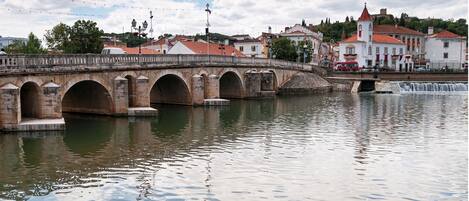 A stone bridge over a river with buildings in the background.