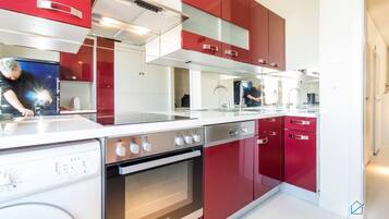 Microwave, electric kettle, dining tables