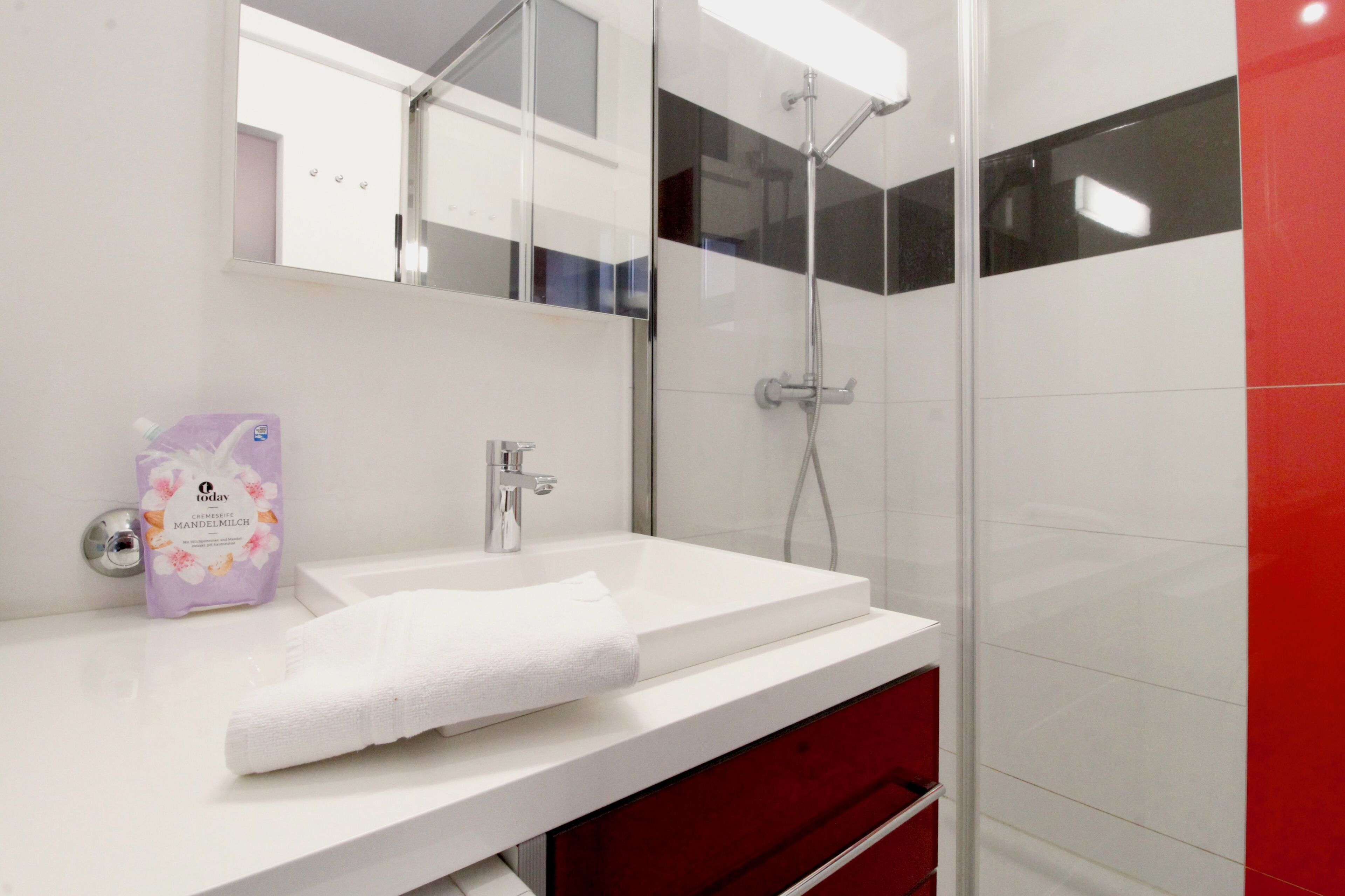 Une salle de bain moderne avec un lavabo blanc, un miroir au-dessus et un espace douche.