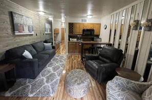 TV, fireplace, books, offices