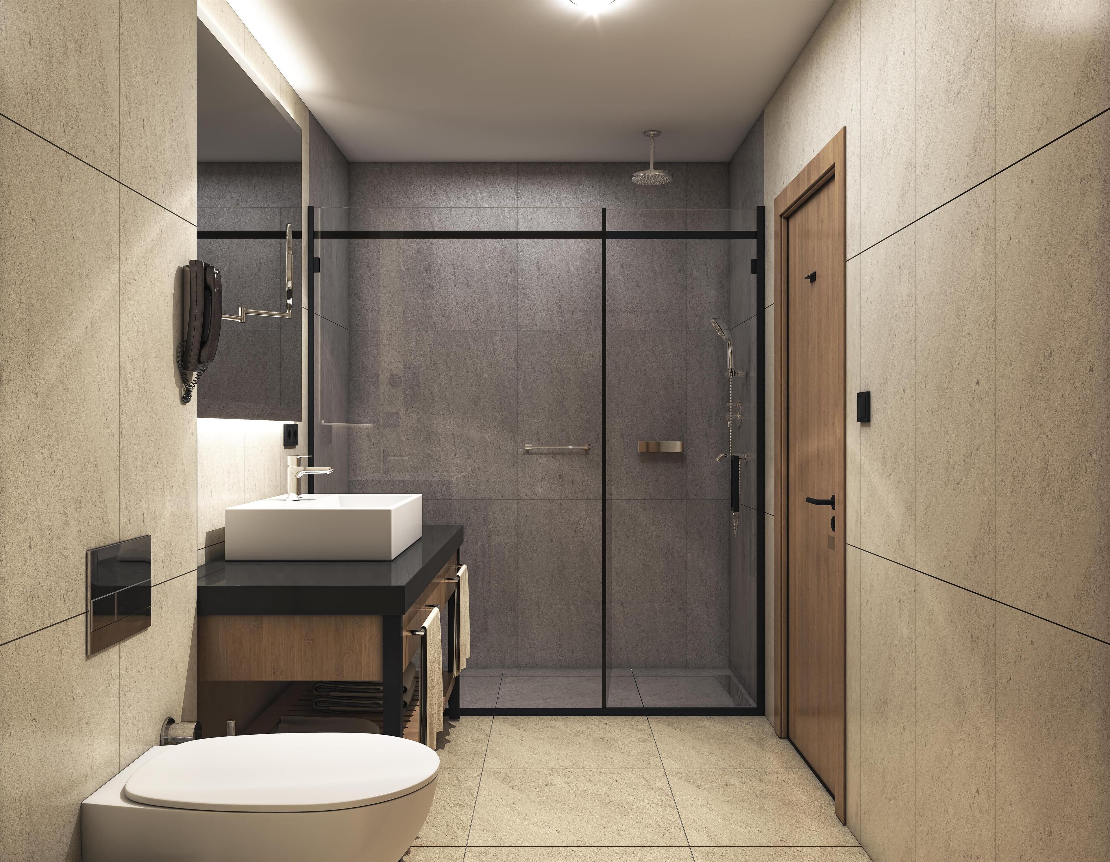 Shower, rainfall showerhead, eco-friendly toiletries, hair dryer