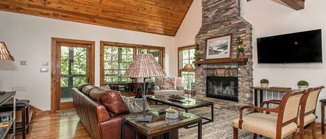 Smart TV, fireplace, books, printers