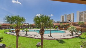 Zona de piscina con palmeras, sillas de descanso y vistas a edificios altos al fondo.