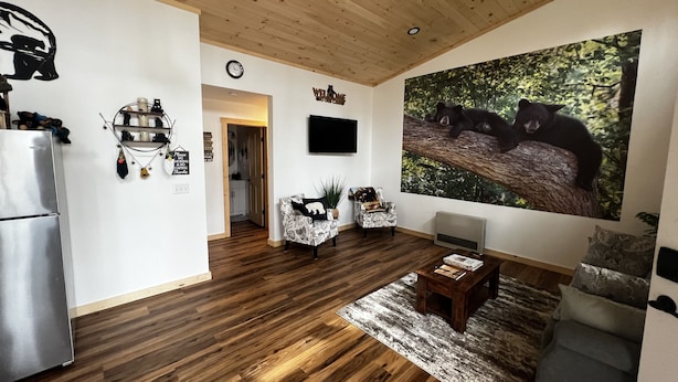 A spacious living room with a wooden ceiling, a large bear-themed wall mural, a modern kitchen area, and a cozy seating arrangement.