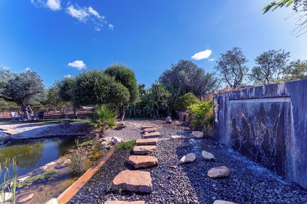Un jardin agrémenté d’un bassin, de pas japonais et de différentes espèces d’arbres.