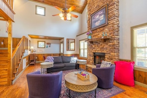 Smart TV, fireplace, books