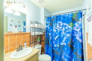 Combined shower/bathtub, hair dryer, towels
