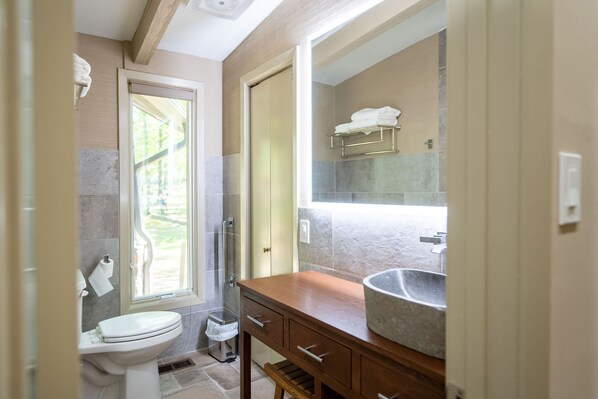 Un bagno moderno con un WC, un lavandino e una doccia.