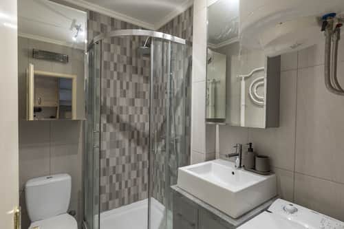 Business Apartment | Bathroom | Shower, rainfall showerhead, hair dryer, slippers