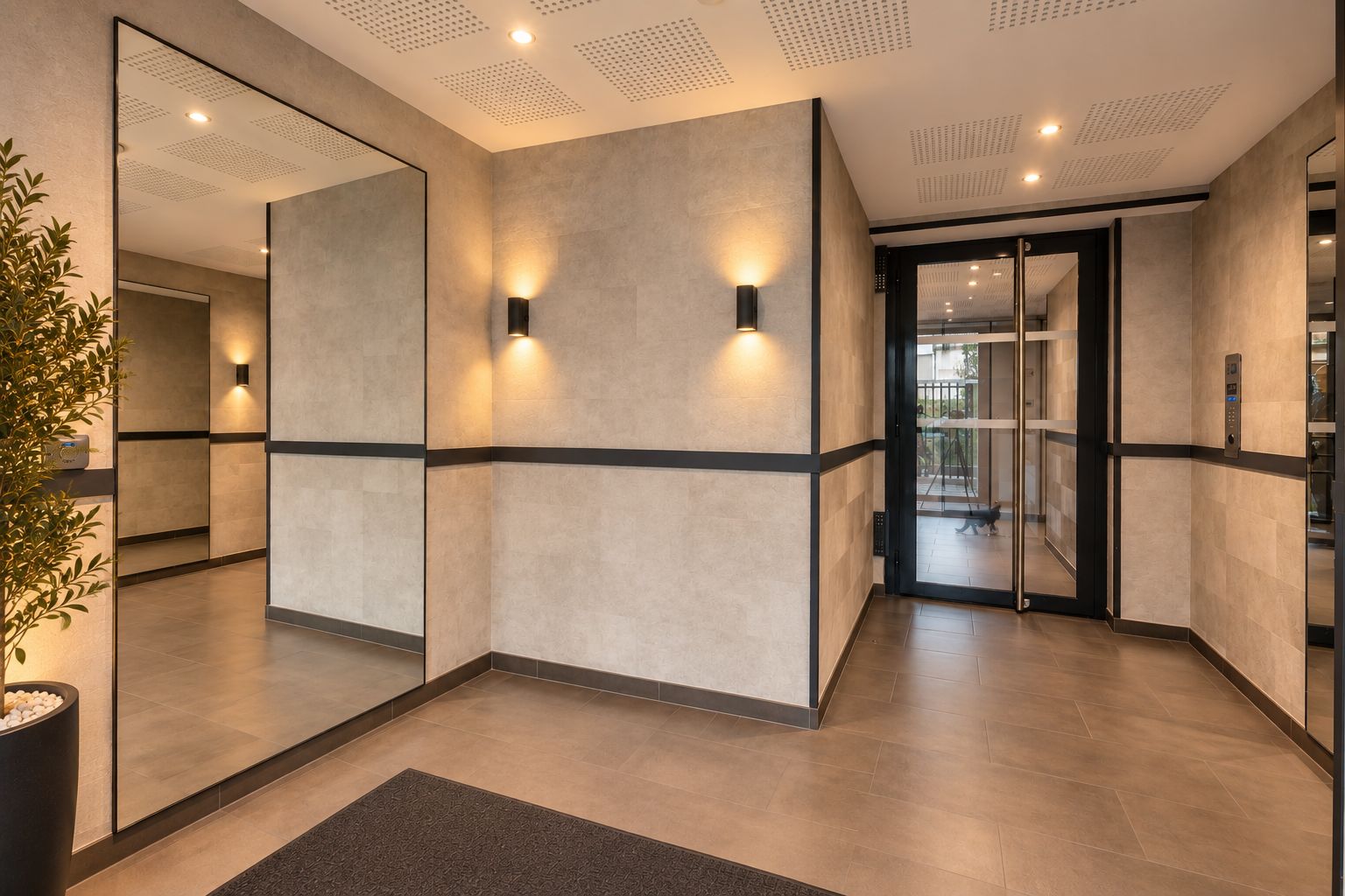 A modern lobby with a large mirror, a potted plant, and a glass elevator door.