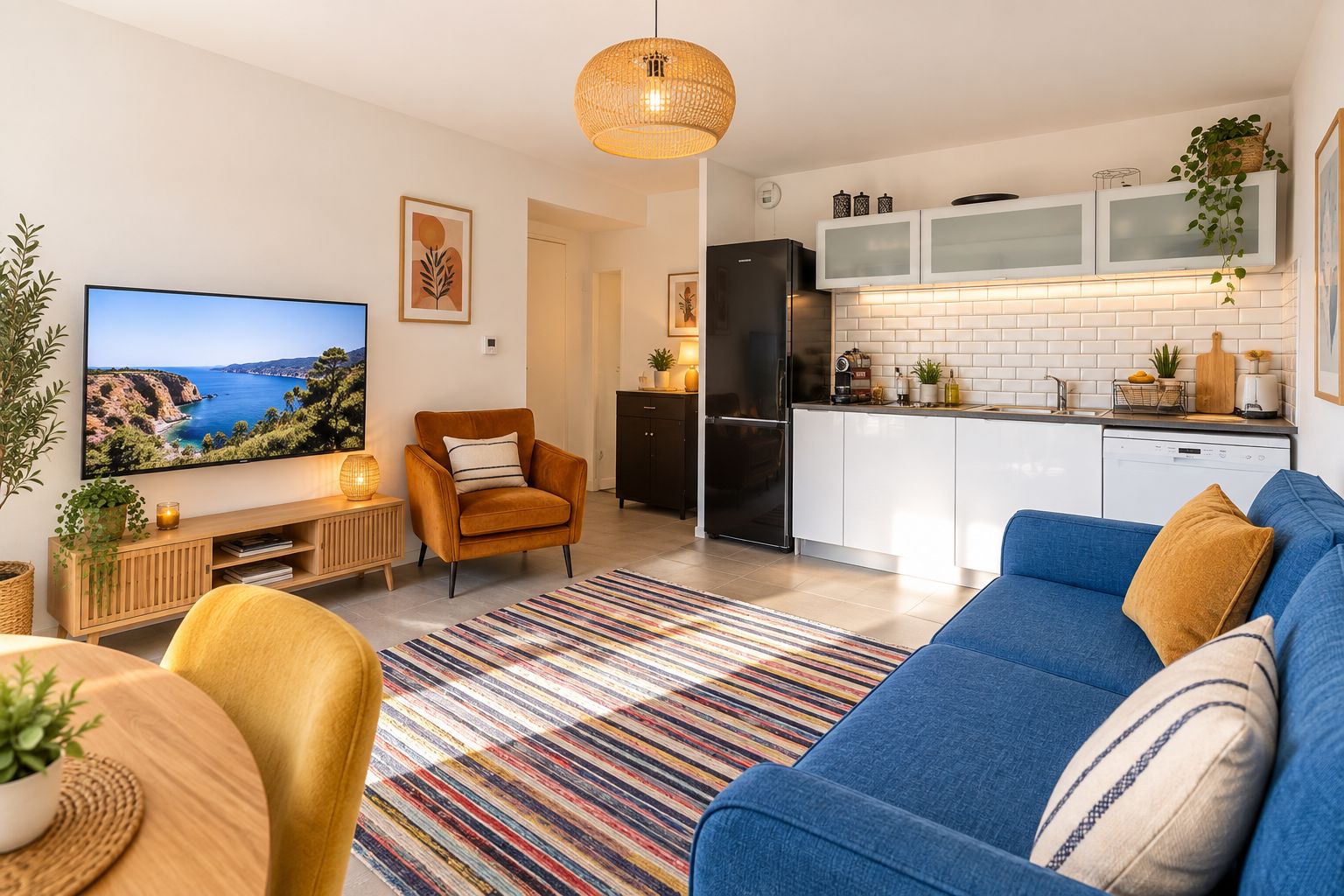 A modern living room with a sofa, a television, and a dining area with a table and chairs.