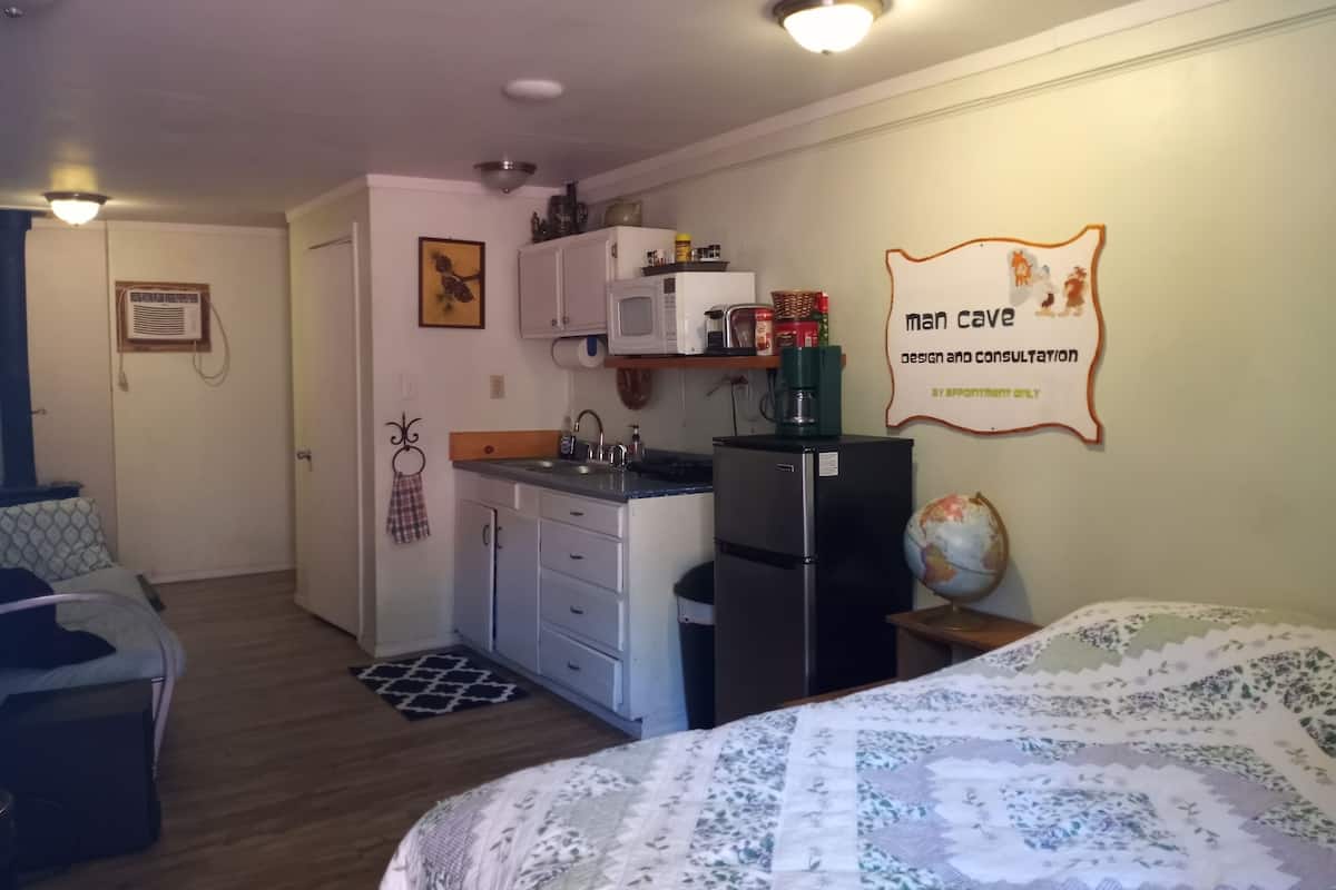 A compact room with a kitchenette, a bed, and a small seating area.