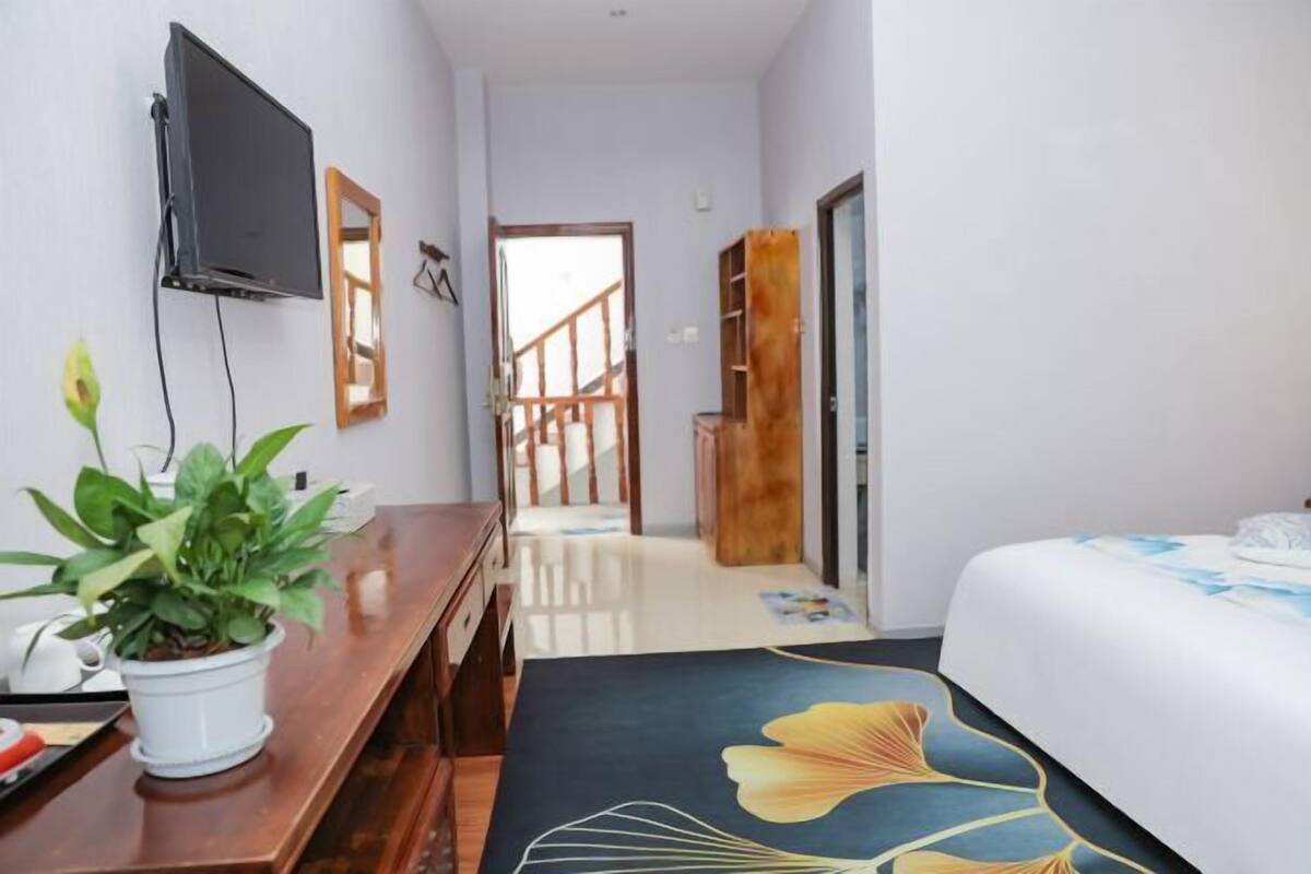 A hotel room with a bed, a desk with a plant, a TV, and a view of the hallway.