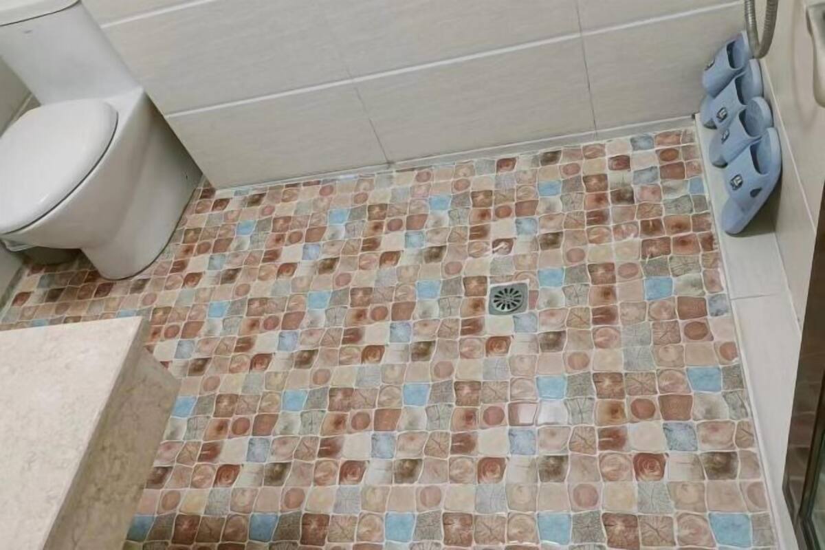 A bathroom with a tiled floor featuring a mosaic pattern, a toilet, and a shower area with a hose.