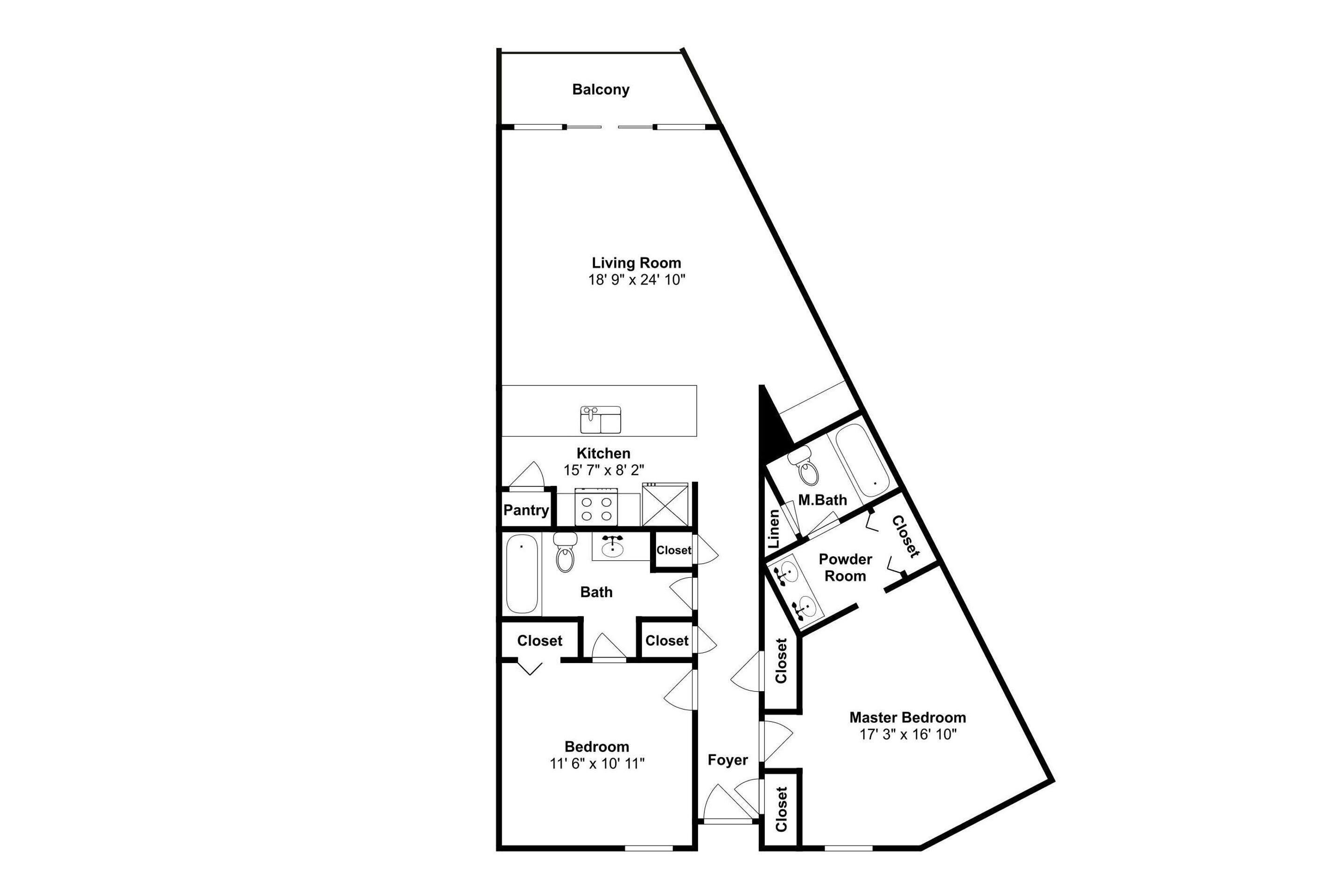 Plano de una casa que incluye balcón, sala de estar, cocina, baño, dormitorio y aseo.