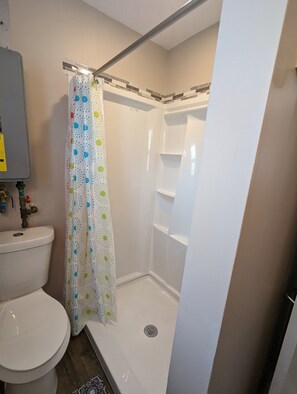 Chuveiro, secador de cabelo, sabonete, shampoo