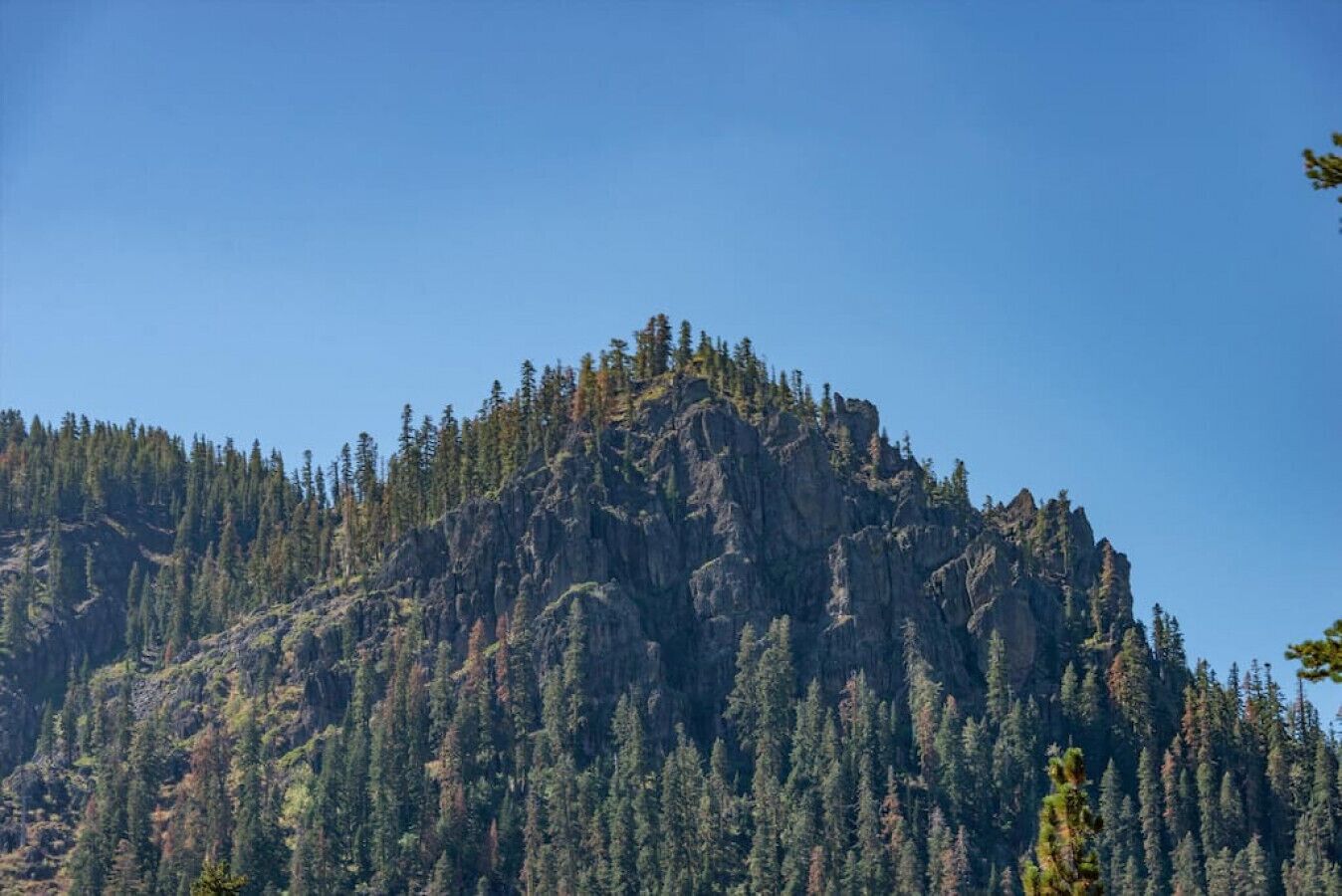 A mountain with dense forest coverage and rocky outcrops.