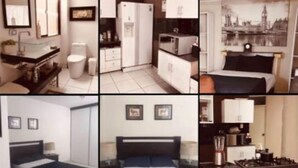 A hotel room with a bed, a small bedside table, a nightstand, a wardrobe, a bathroom with a toilet and sink, and a kitchen area with a microwave and stove. - 3 bedroom apartment in los olivos (Los Olivos)
