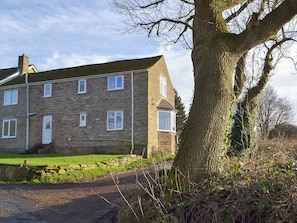 A stone house with multiple windows and a chimney, surrounded by a grassy area and a large tree.