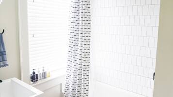 Hair dryer, towels, soap, shampoo