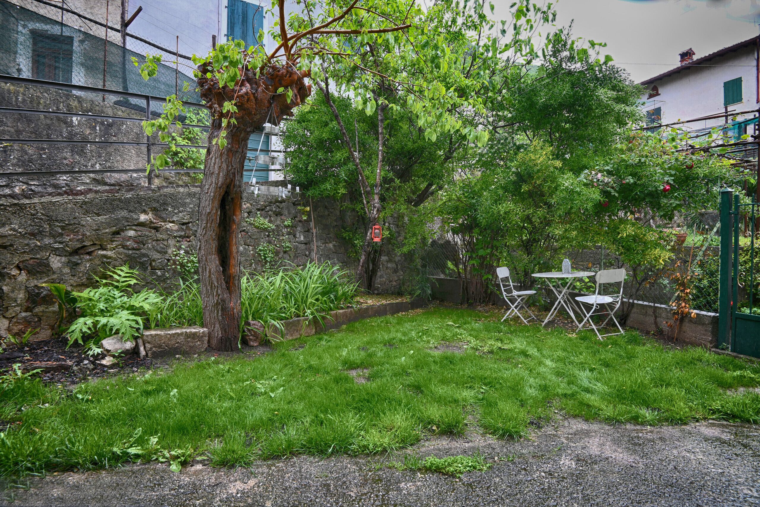 Une cour arrière verdoyante avec un mur de pierre, un arbre et une petite table entourée de chaises.