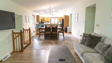 Smart TV, fireplace, foosball, printers