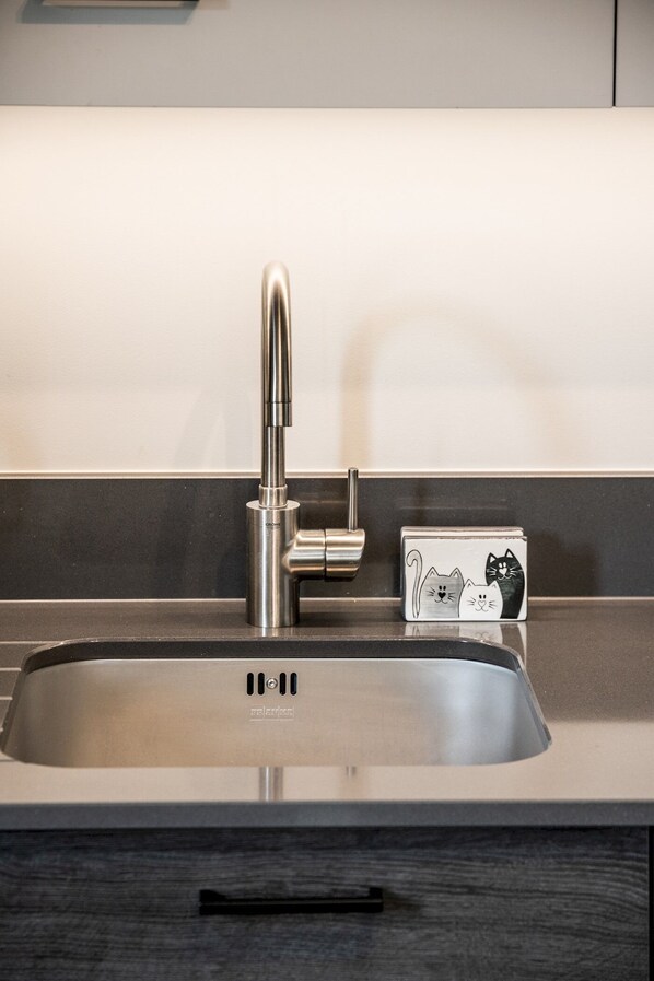 A modern kitchen with a stainless steel sink, a faucet, and a small decorative item on the counter.