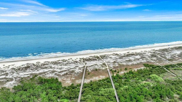 An aerial view of a beach with a clear sky, a sandy shoreline, and a dense green area in the foreground.