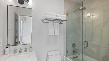Shower, eco-friendly toiletries, hair dryer, towels