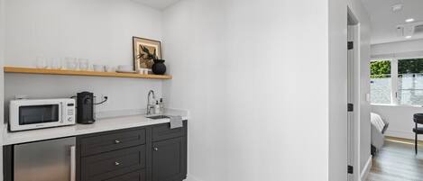 Fridge, microwave, coffee/tea maker, electric kettle