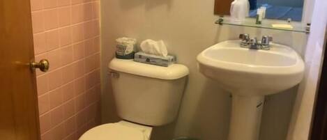 A small bathroom with a toilet, sink, and a mirror.