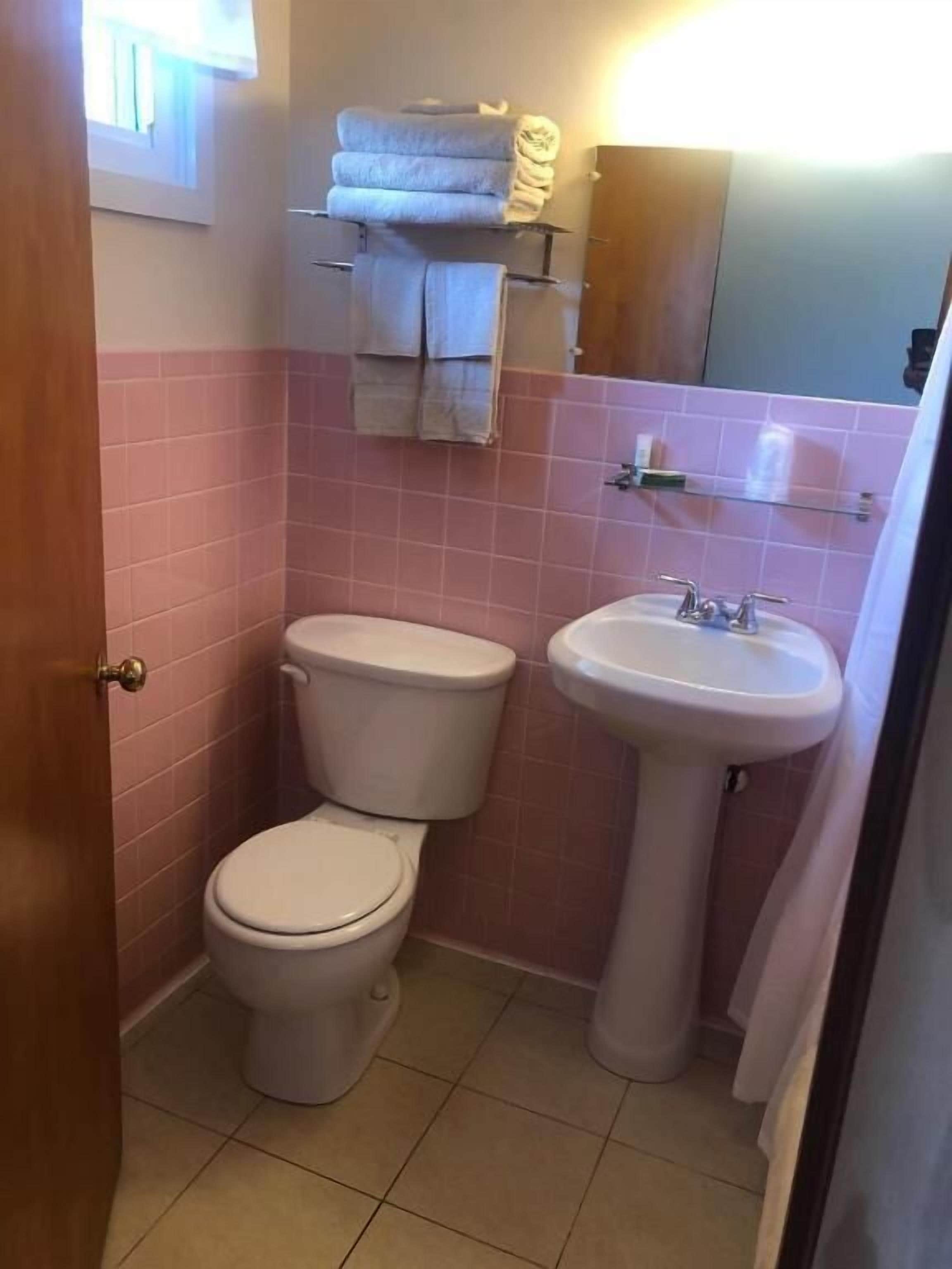 A small bathroom with a toilet, sink, and pink tiled walls.