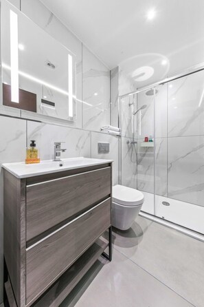 Regadera, secadora de cabello, toallas, shampoo 