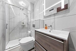 Shower, hair dryer, towels, shampoo