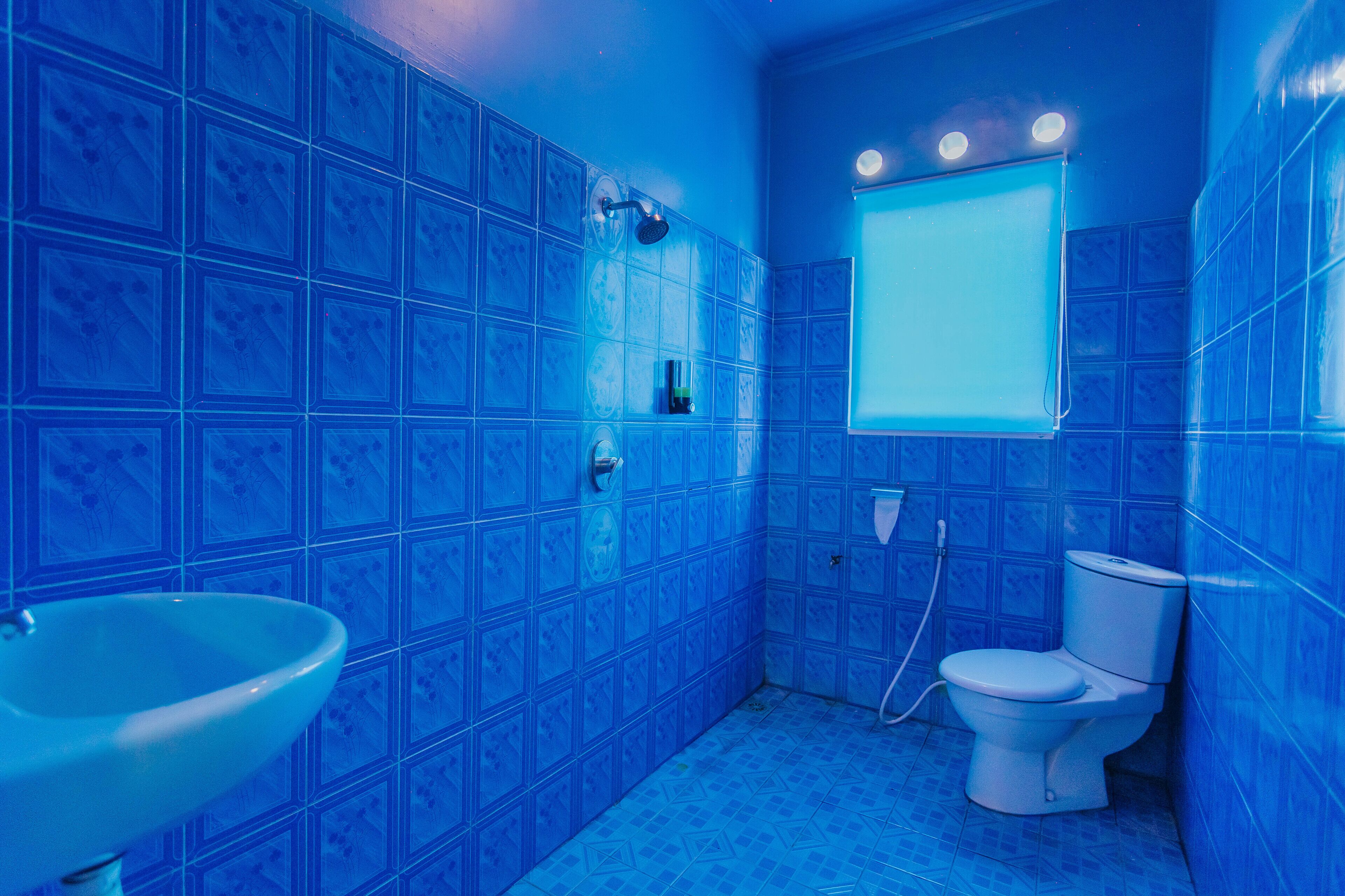 Un baño con azulejos azules, un lavabo blanco y un inodoro.