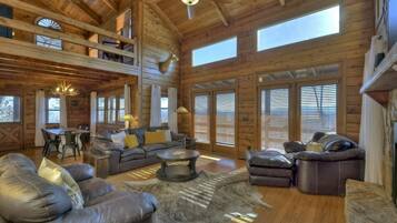 Televisión, chimenea, libros y oficina